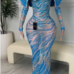 Blue Crystal-Embellished Long Sleeve Mermaid Prom Dress